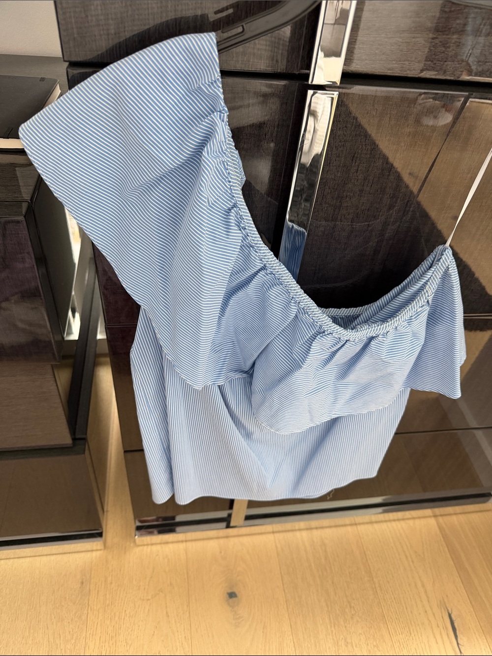 1.STATE Blue and White Pinstripe Off-Shoulder Top